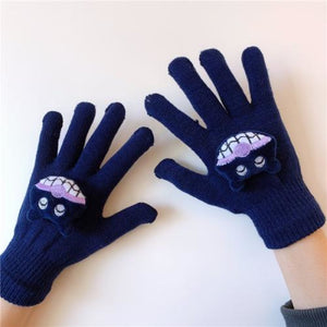 Couple Cute Little Monster Cartoon Students Warm Winter Handmade Gloves Navy Bacteria Man / One Size