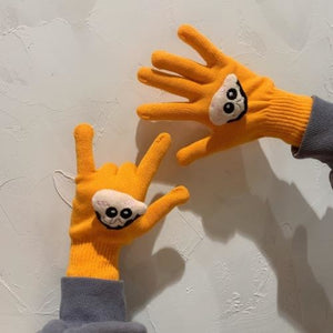 Couple Cute Little Monster Cartoon Students Warm Winter Handmade Gloves Orange Crayon Shin / One