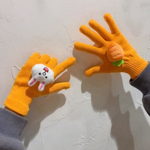 Couple Cute Little Monster Cartoon Students Warm Winter Handmade Gloves Orange Rabbit Radish / One