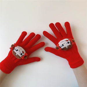Couple Cute Little Monster Cartoon Students Warm Winter Handmade Gloves Red Girls / One Size