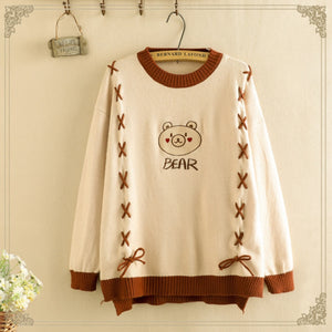Cute Bear Round Neck Cross Tie Sweater J40015 Khaki / One Size Sweatshirt