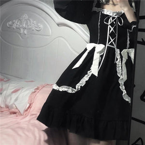 Lolita Long-Sleeved Gothic Skirt Dark Maid Dress Kawaii Waist Bow Girl Costumes