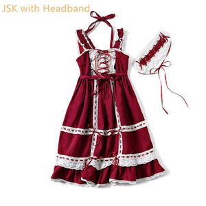 Lolita Maid Lace Sun Dress Red Set / One Size