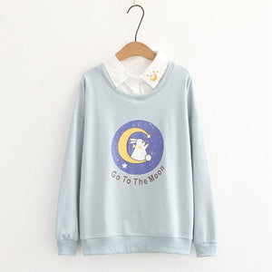 Shirt Collar Bunny Letter Print Moon Embroidery False Two Pieces Sweatshirt J30027 Blue / M