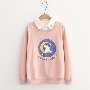 Shirt Collar Bunny Letter Print Moon Embroidery False Two Pieces Sweatshirt J30027 Pink / M