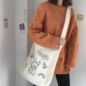 Wander In The Universe Cute Faux Wool Shopper Bag Hobo/tote C00065 One Belt Of White Planet Rabbit