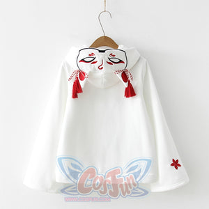 White Fox Ghost Face Embroidery Tassels Hoodies Sweatshirt