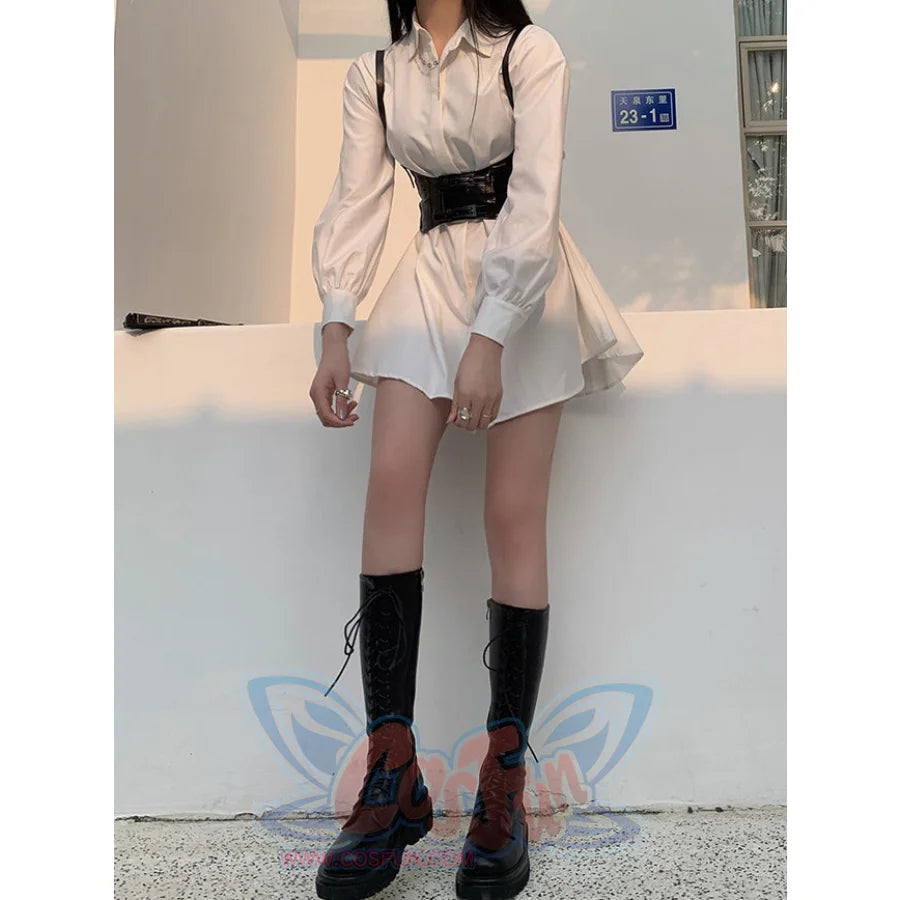 Cool Girl Medium Length White Shirt Dress - cosfun