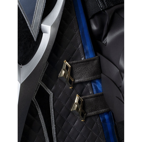 Genshin Impact Il Capitano cosplay coat section anchors silver shoulder armor above deep blue sash and gold clasps.