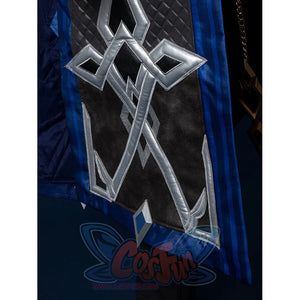 Genshin Impact Il Capitano cosplay vest panel centers silver braided embroidery alongside gold chain and diamond applique.