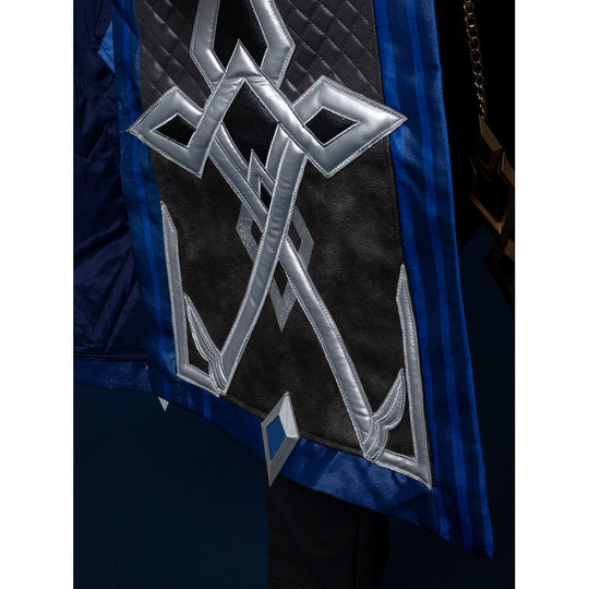 Genshin Impact Il Capitano cosplay vest panel centers silver braided embroidery alongside gold chain and diamond applique.