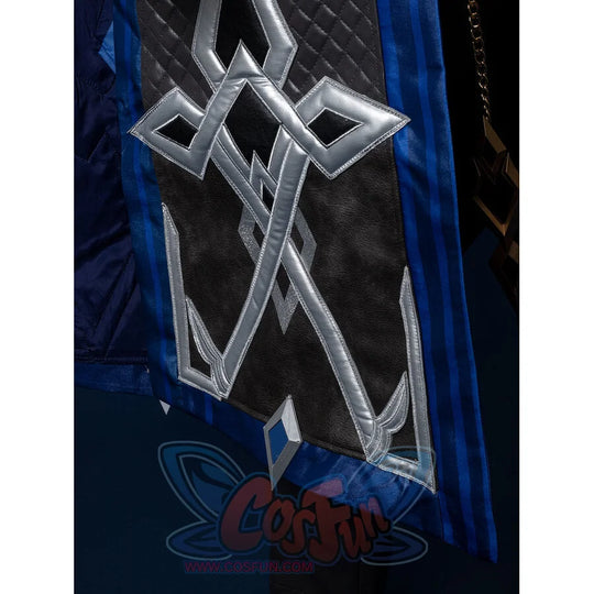Genshin Impact Il Capitano cosplay vest panel centers silver braided embroidery alongside gold chain and diamond applique.