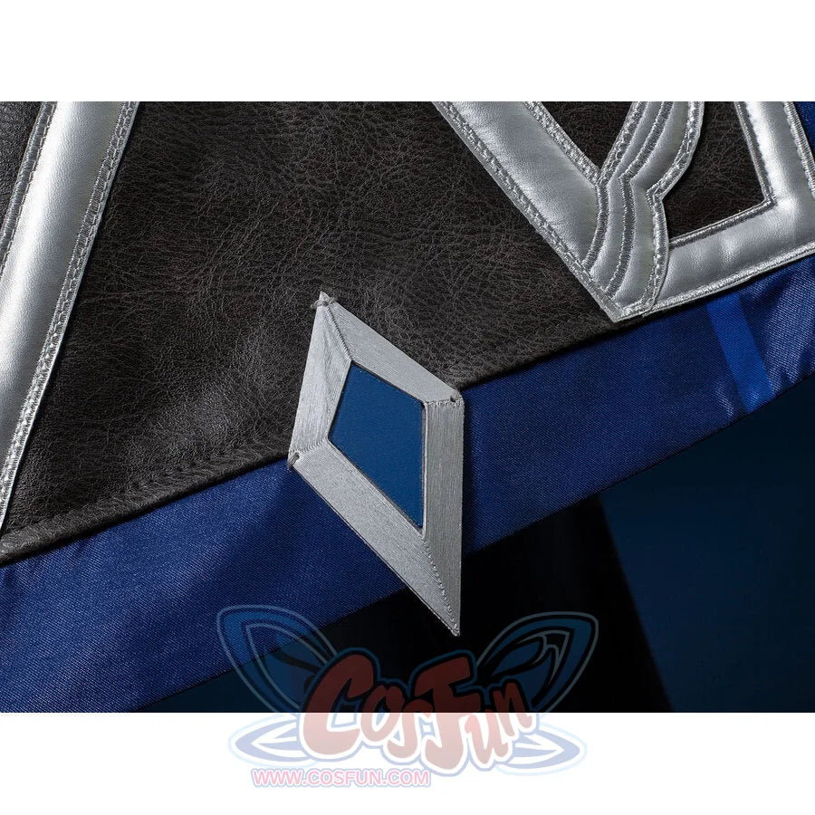 Genshin Impact Il Capitano cosplay trim detail frames textured black PU fabric edged in blue with silver diamond accent.