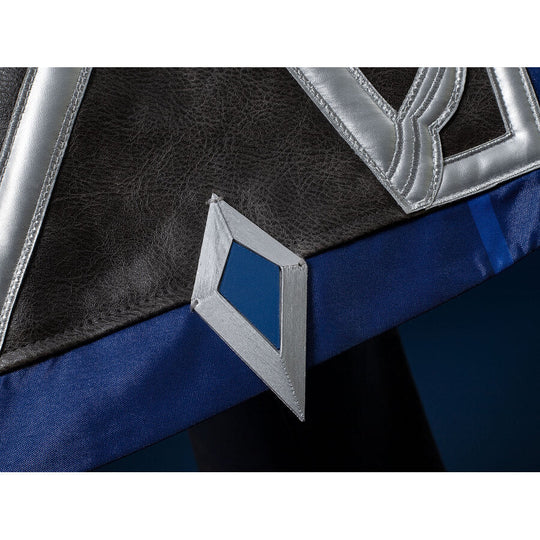 Genshin Impact Il Capitano cosplay trim detail frames textured black PU fabric edged in blue with silver diamond accent.