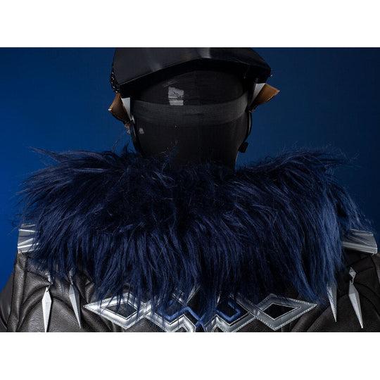Genshin Impact Il Capitano cosplay jacket back drops dark blue fur collar above silver geometric embroidery on grey fabric.