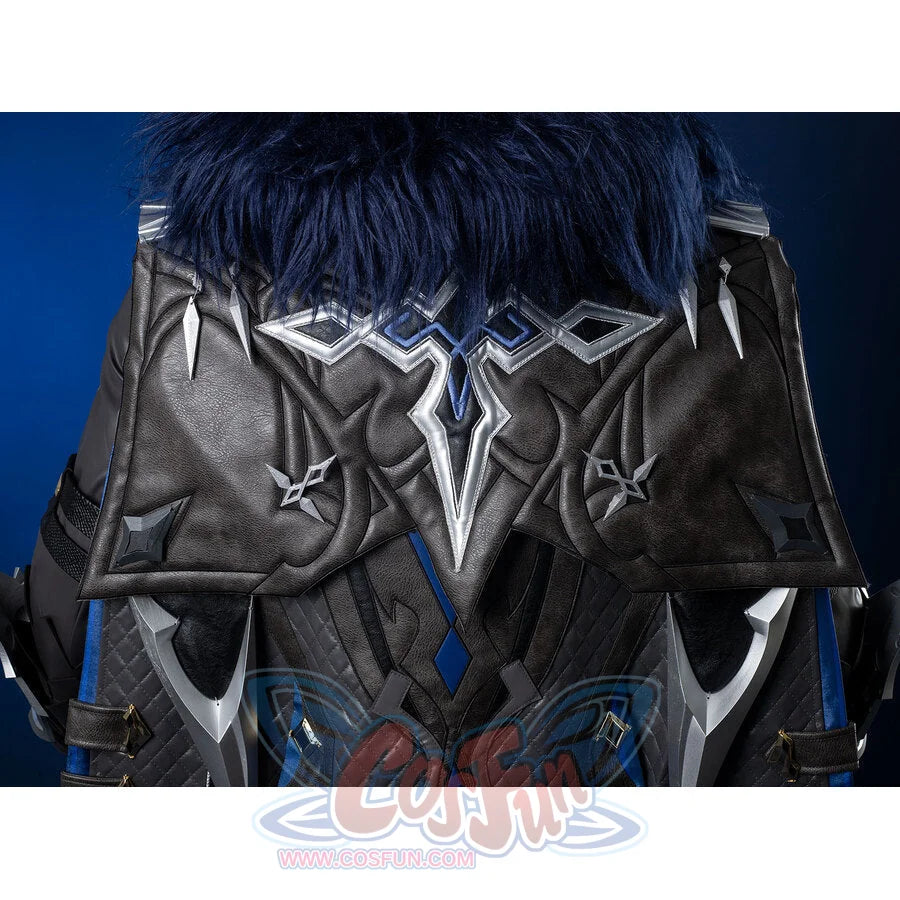 Genshin Impact Il Capitano cosplay jacket rear drops blue fur trim above silver diamond embroidery on dark PU panels.