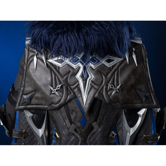 Genshin Impact Il Capitano cosplay jacket rear drops blue fur trim above silver diamond embroidery on dark PU panels.
