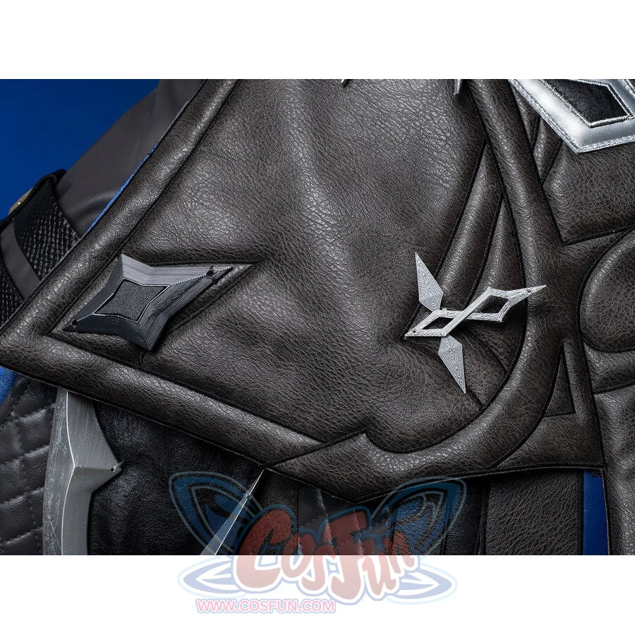 Genshin Impact Il Capitano cosplay armor segment traces quilted black fabric anchored by silver geometric accent panels.