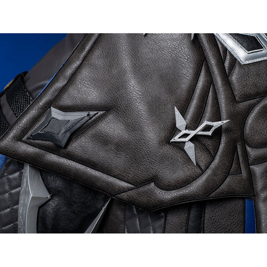 Genshin Impact Il Capitano cosplay armor segment traces quilted black fabric anchored by silver geometric accent panels.