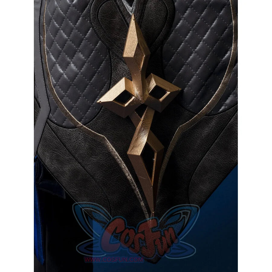 Genshin Impact Il Capitano cosplay panel centers large gold geometric emblem over quilted dark faux-leather texture.