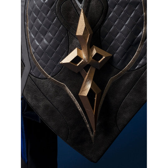 Genshin Impact Il Capitano cosplay panel centers large gold geometric emblem over quilted dark faux-leather texture.
