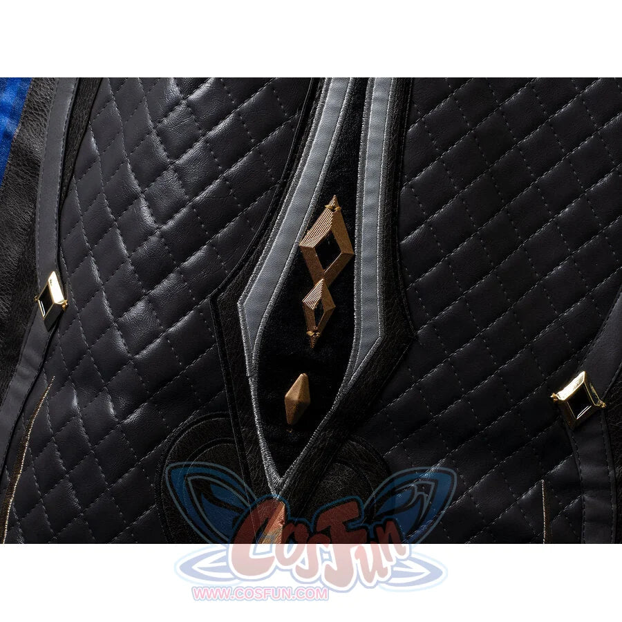 Genshin Impact Il Capitano cosplay garment balances quilted black fabric against grey borders and gold geometric accents.