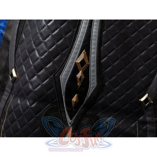 Genshin Impact Il Capitano cosplay garment balances quilted black fabric against grey borders and gold geometric accents.