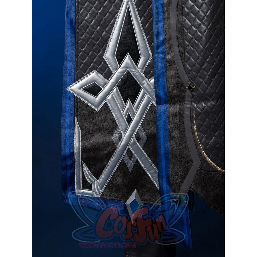 Genshin Impact Il Capitano cosplay hem detail anchors silver metallic applique above layered blue trim and textured panels.