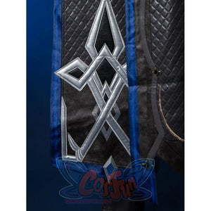 Genshin Impact Il Capitano cosplay hem detail anchors silver metallic applique above layered blue trim and textured panels.