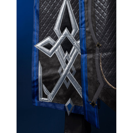 Genshin Impact Il Capitano cosplay hem detail anchors silver metallic applique above layered blue trim and textured panels.
