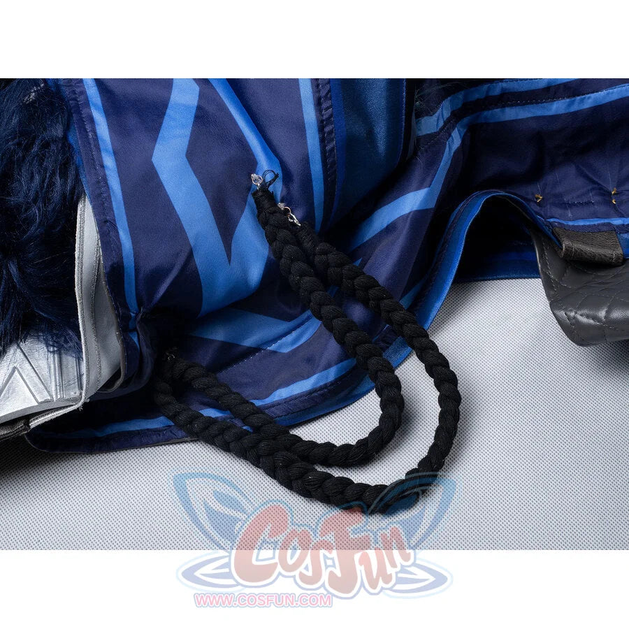 Genshin Impact Il Capitano cosplay fabric piece pairs blue patterned textile alongside black braided cord and silver clasp.