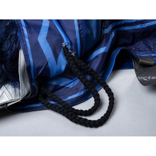 Genshin Impact Il Capitano cosplay fabric piece pairs blue patterned textile alongside black braided cord and silver clasp.