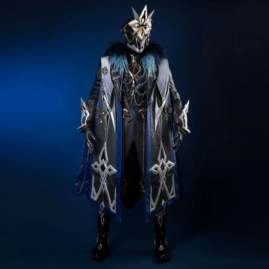 COSFUN Genshin Impact Il Capitano cosplay full set layers structured coat over embroidered vest and trousers.