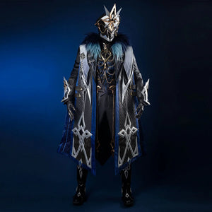 COSFUN Genshin Impact Il Capitano cosplay full set layers structured coat over embroidered vest and trousers.