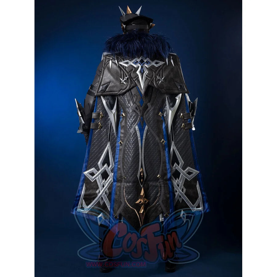 Genshin Impact Il Capitano cosplay cloak rear view frames geometric silver trim over quilted black and blue panels.