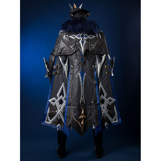 Genshin Impact Il Capitano cosplay cloak rear view frames geometric silver trim over quilted black and blue panels.