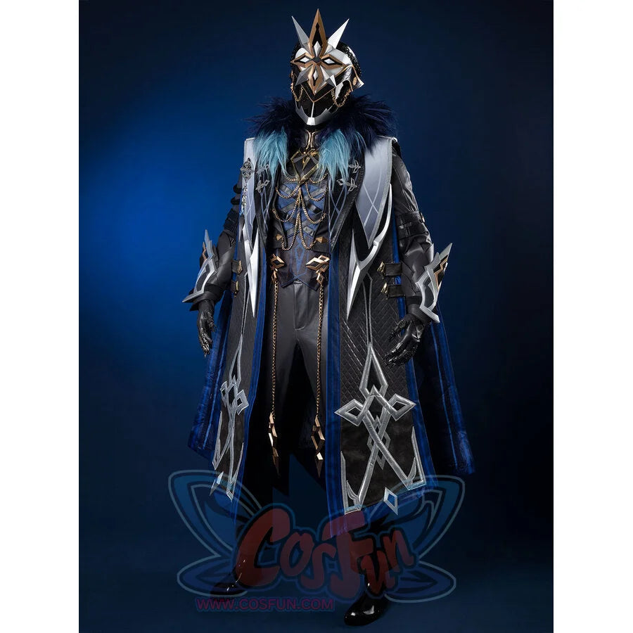 Genshin Impact Il Capitano cosplay coat panels blue fur trim and breast chains alongside segmented hand armor.