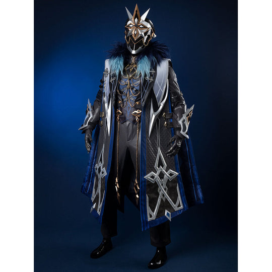 Genshin Impact Il Capitano cosplay coat panels blue fur trim and breast chains alongside segmented hand armor.