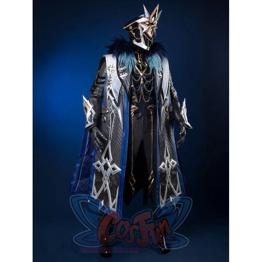 Genshin Impact Il Capitano cosplay outfit centers diamond-patterned coat anchored by fur collar and chain waistcoat.