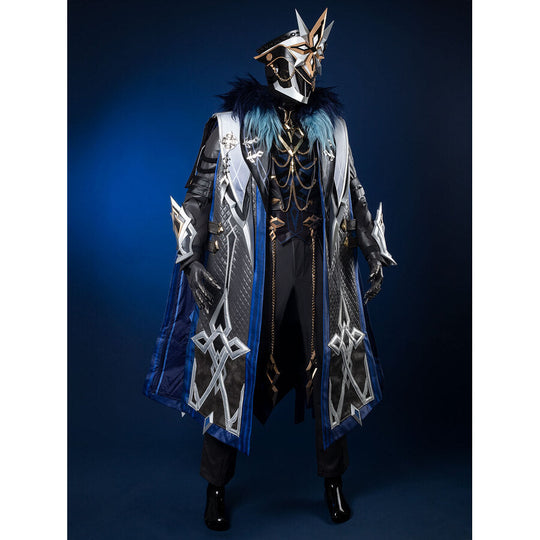 Genshin Impact Il Capitano cosplay outfit centers diamond-patterned coat anchored by fur collar and chain waistcoat.