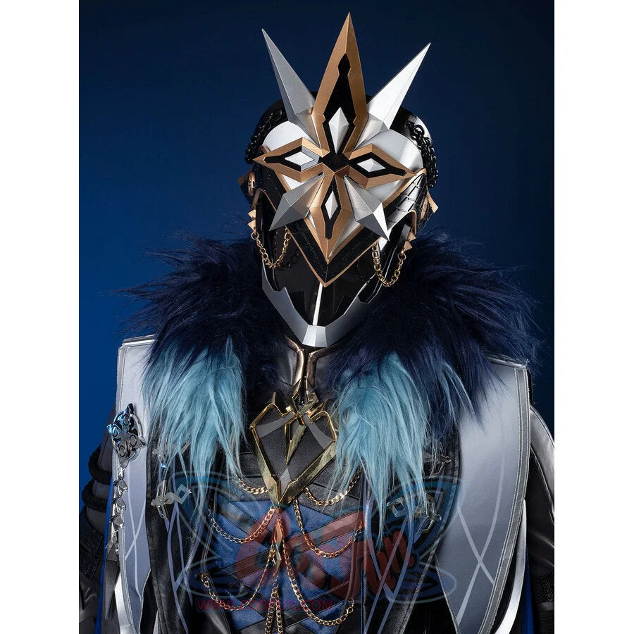 Genshin Impact Il Capitano cosplay helmet pairs metallic star mask and chains alongside layered fur-trimmed vest.