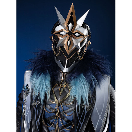 Genshin Impact Il Capitano cosplay helmet pairs metallic star mask and chains alongside layered fur-trimmed vest.