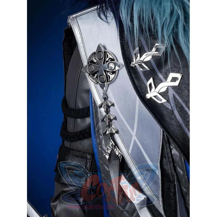 Genshin Impact Il Capitano cosplay shoulder piece layers grey blue and black fabrics anchored by silver metal decorations.