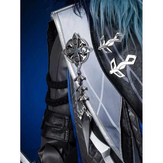 Genshin Impact Il Capitano cosplay shoulder piece layers grey blue and black fabrics anchored by silver metal decorations.