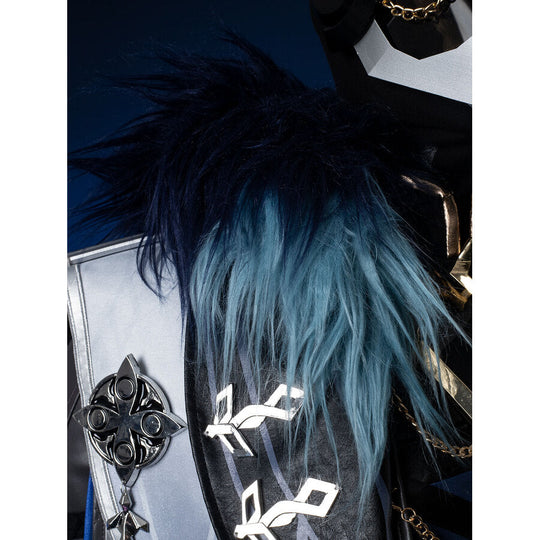 Genshin Impact Il Capitano cosplay chest piece sets blue fur collar above silver geometric brooch and gold chain detail.
