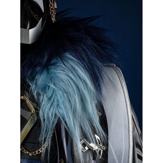 Genshin Impact Il Capitano cosplay cape panel balances mixed blue fur collar against silver trim and gold chains.