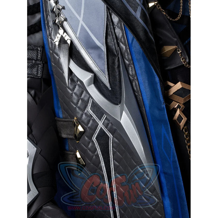 Genshin Impact Il Capitano cosplay cape components trace quilted black and blue panels edged in silver and gold diamond.