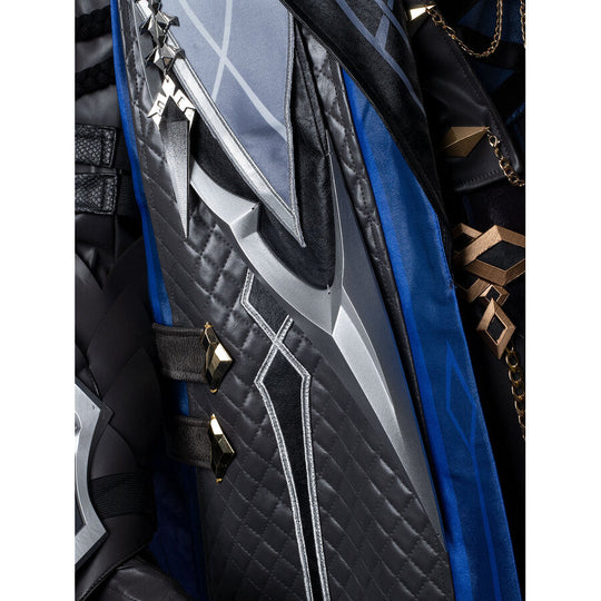 Genshin Impact Il Capitano cosplay cape components trace quilted black and blue panels edged in silver and gold diamond.