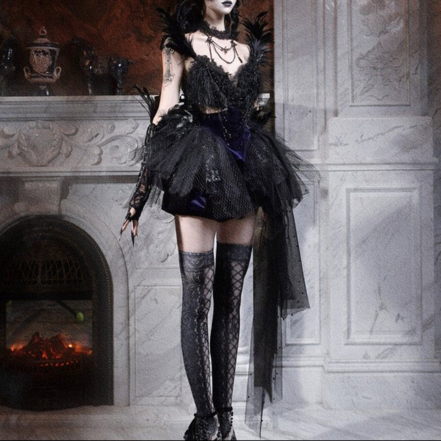 Elegy Day Gothic Feather Rhinestone Velvet Dress, Dress / S