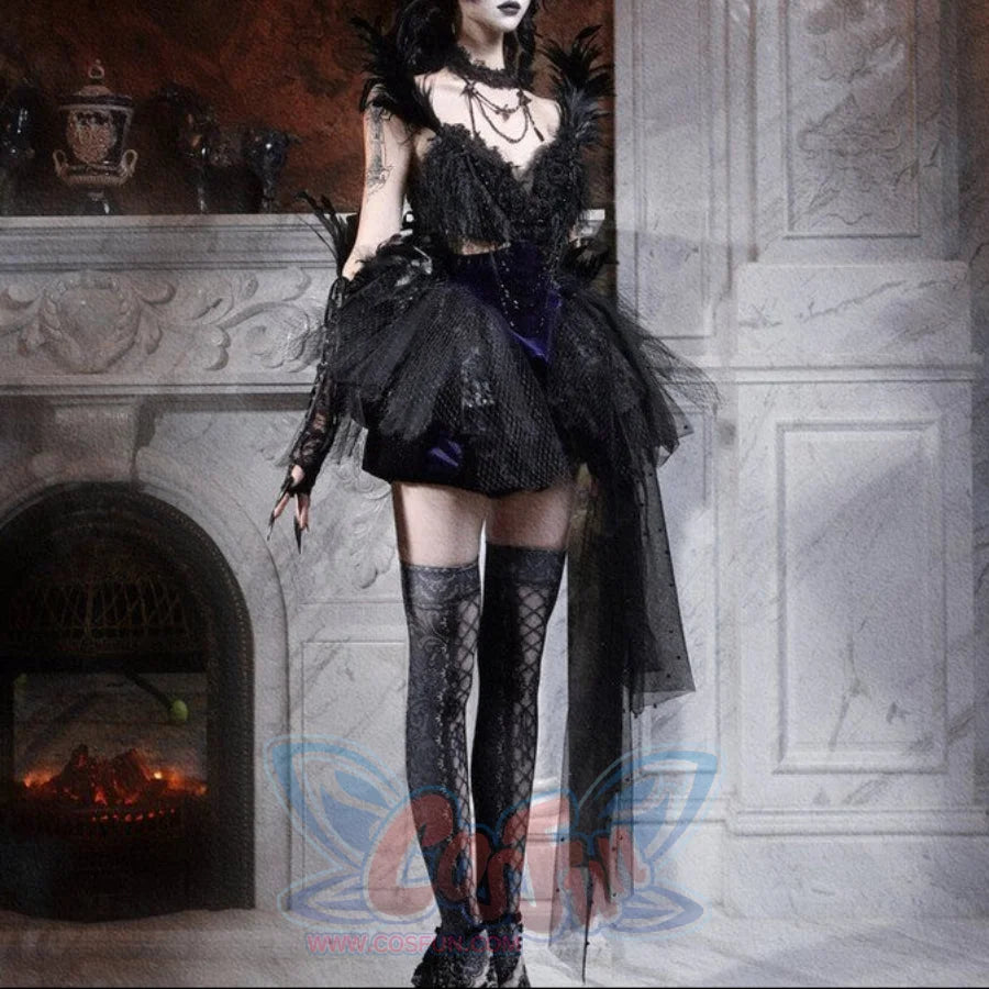 Elegy Day Gothic Feather Rhinestone Velvet Dress